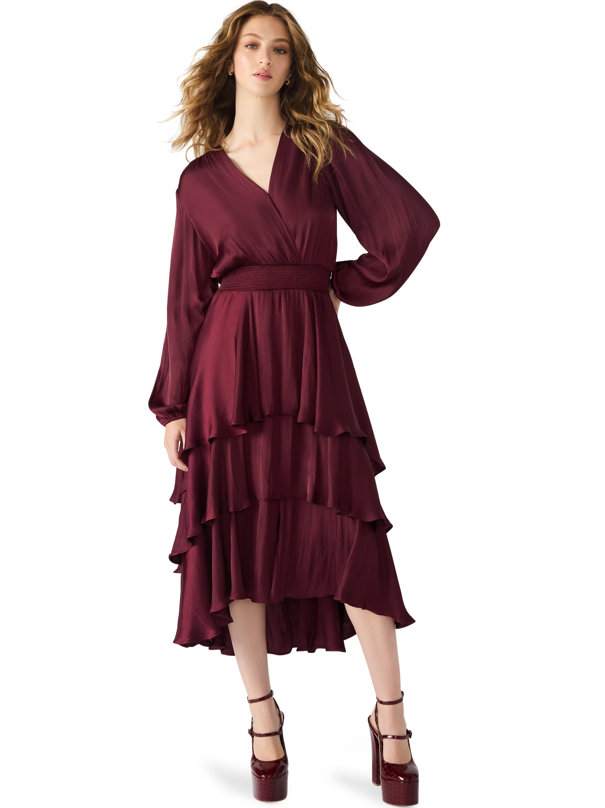  Bei Surplice V-Neck Midi Dress, Wine | Steve Madden