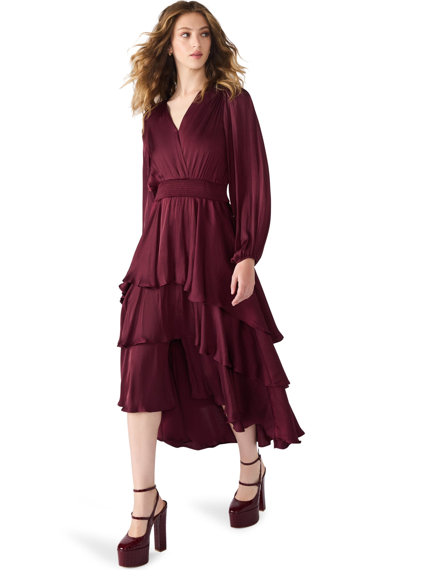  Bei Surplice V-Neck Midi Dress, Wine | Steve Madden