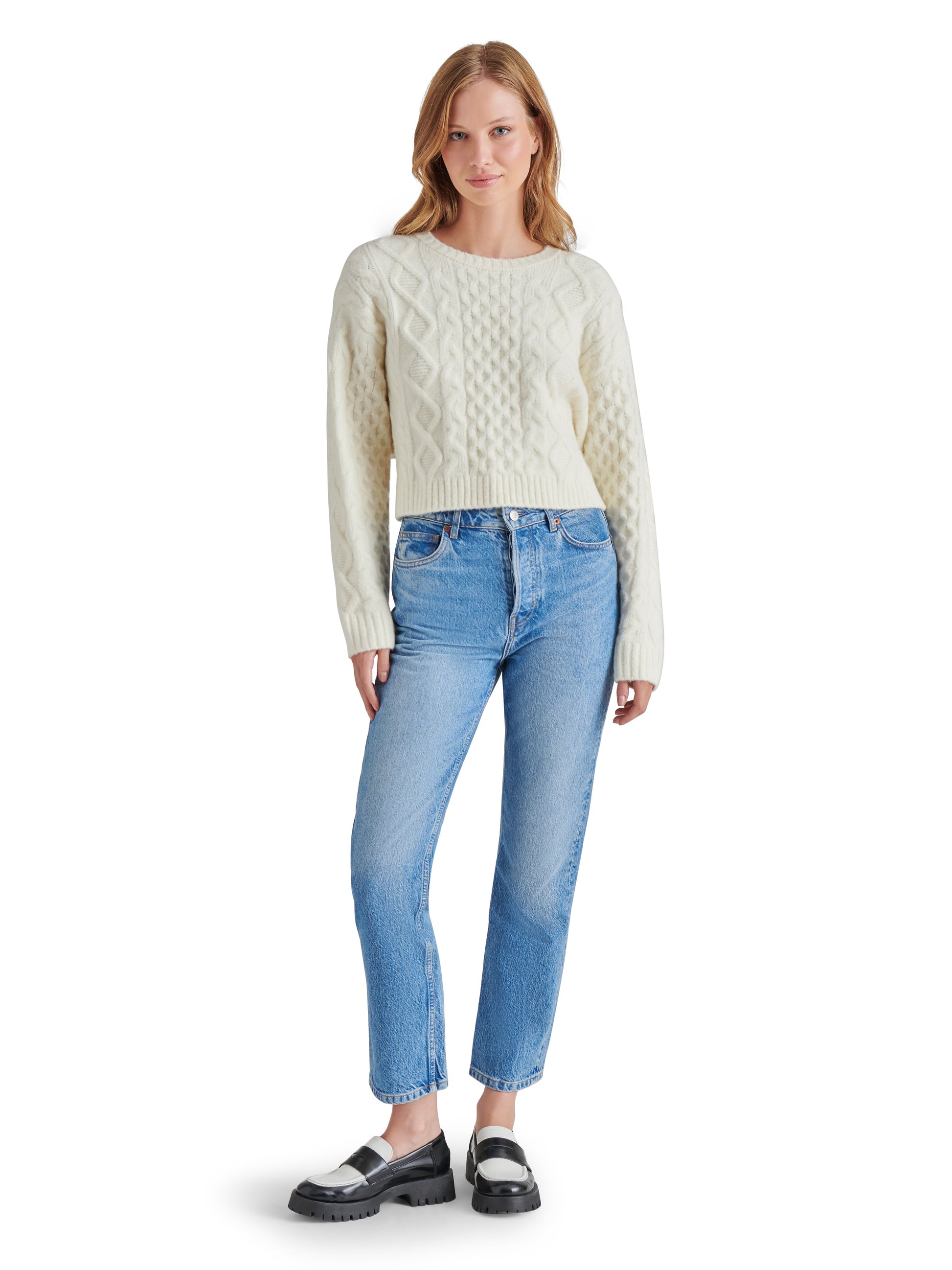  Kessie Cable Knit Sweater, Whisper White | Steve Madden