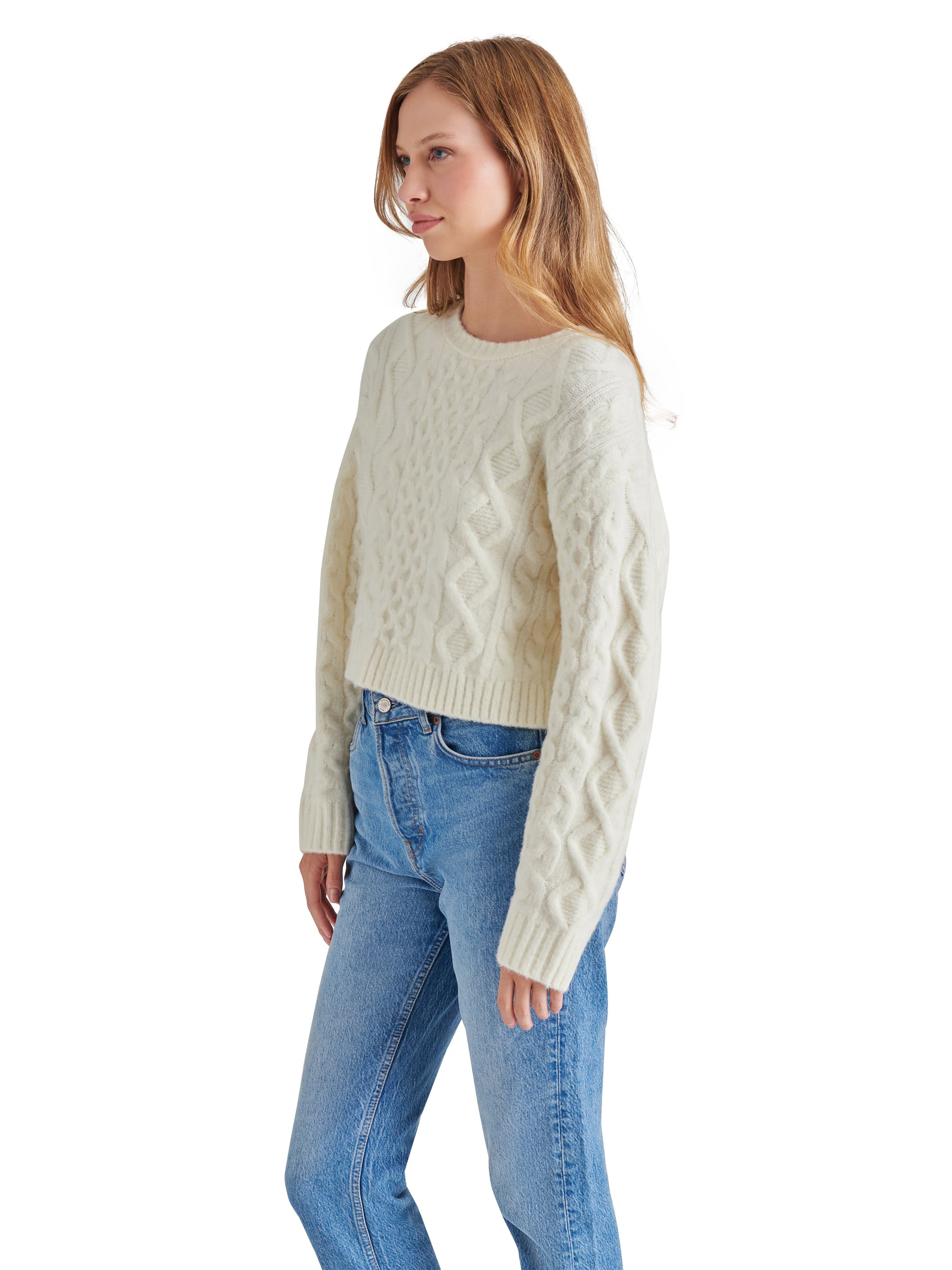  Kessie Cable Knit Sweater, Whisper White | Steve Madden