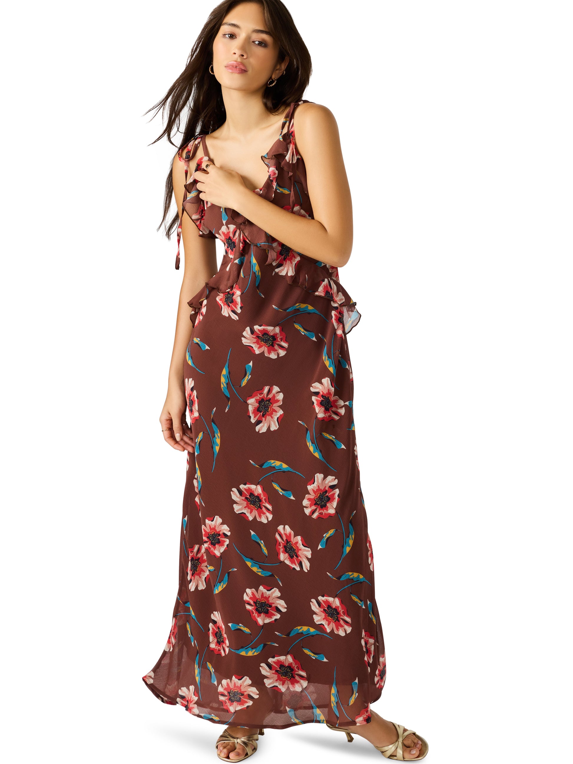  Adalina Floral Ruffled Maxi Dress, Brown | Steve Madden
