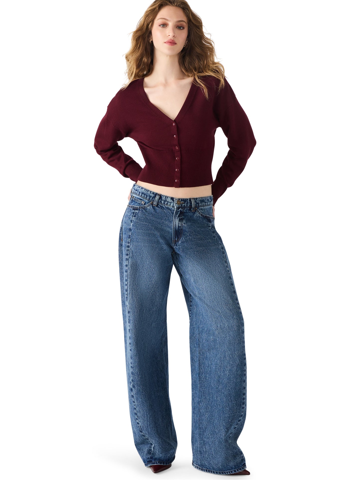  Lauryn V-Neck Cardigan, Wine | Steve Madden