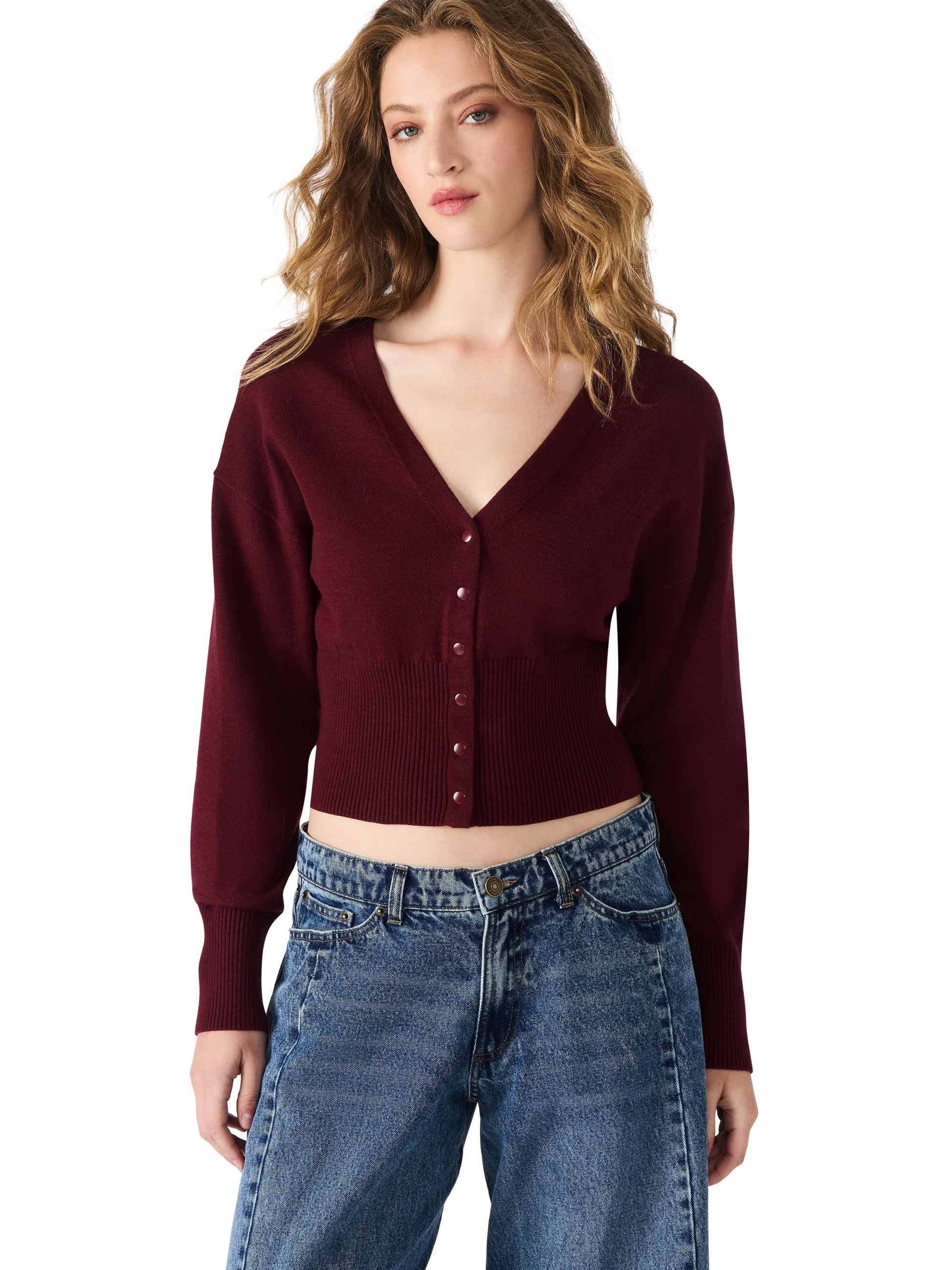  Lauryn V-Neck Cardigan, Wine | Steve Madden