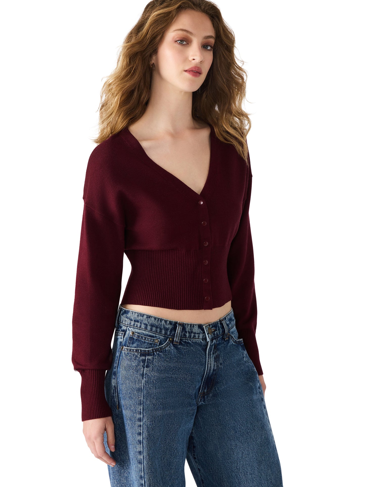  Lauryn V-Neck Cardigan, Wine | Steve Madden