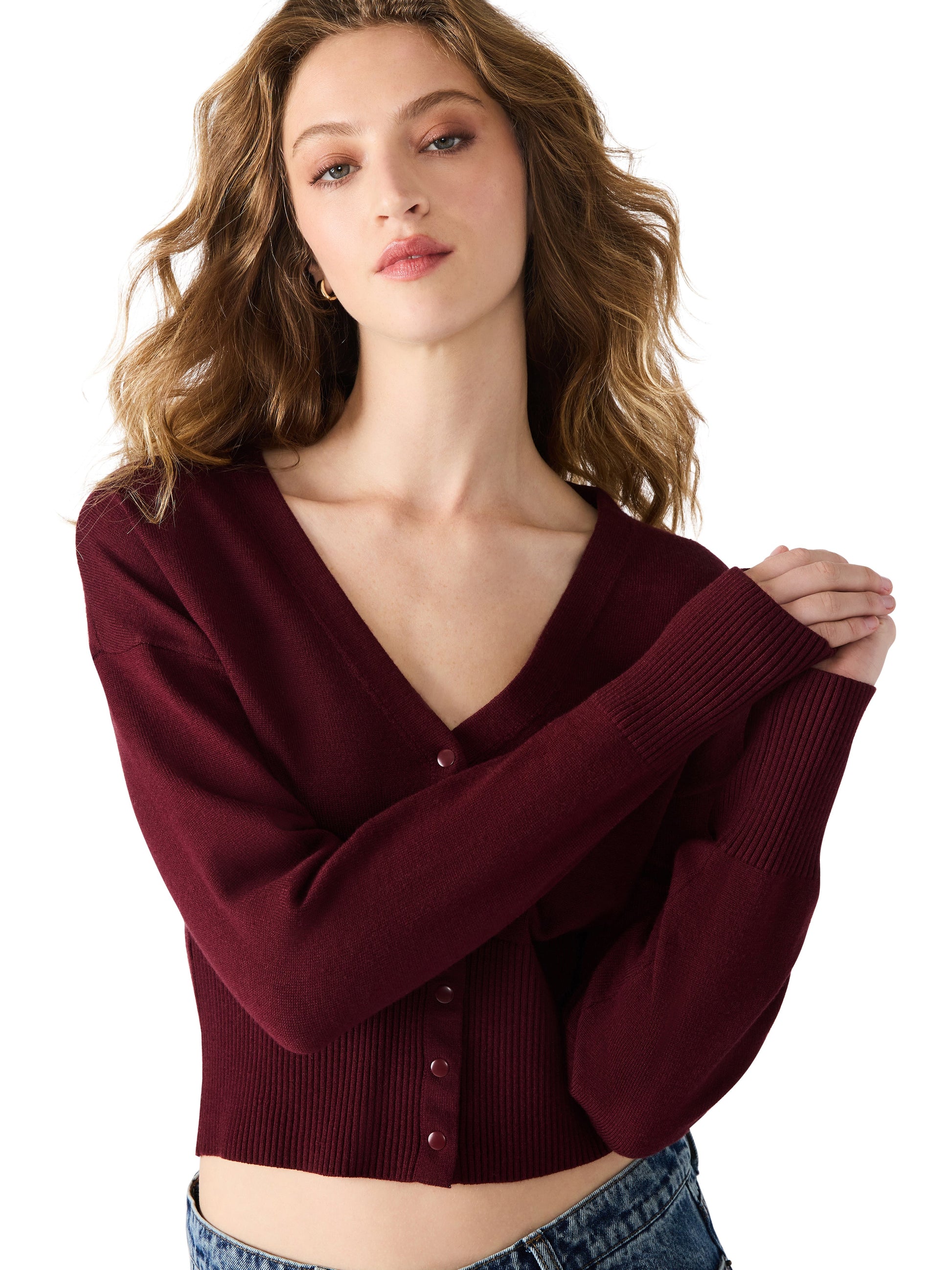  Lauryn V-Neck Cardigan, Wine | Steve Madden