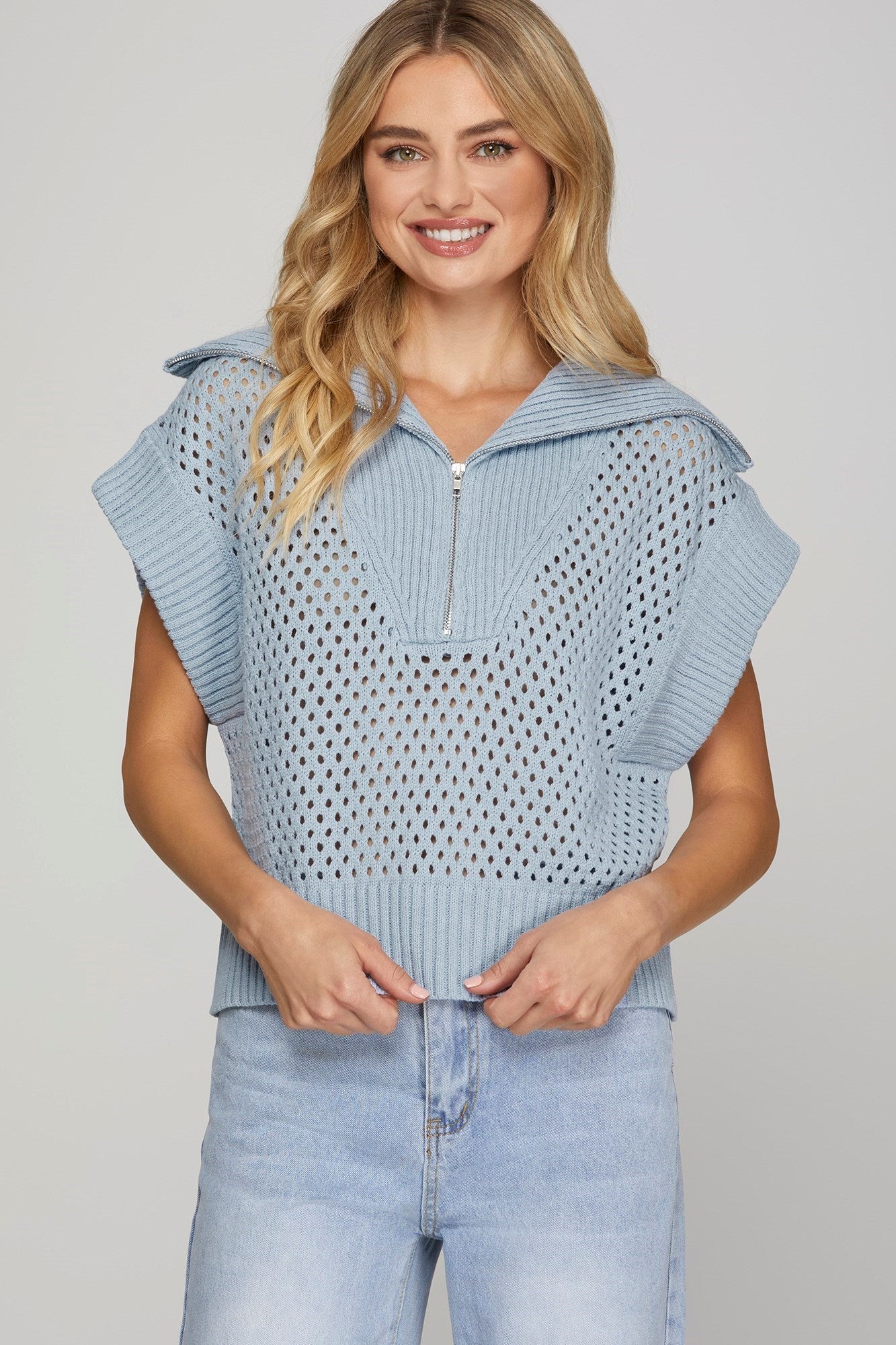 Lila Collared Half Zip Sweater Vest, Light Blue