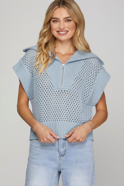  Lila Collared Half Zip Sweater Vest, Light Blue