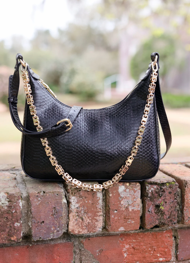  Billie Embossed Faux Leather Chain Bag, Black