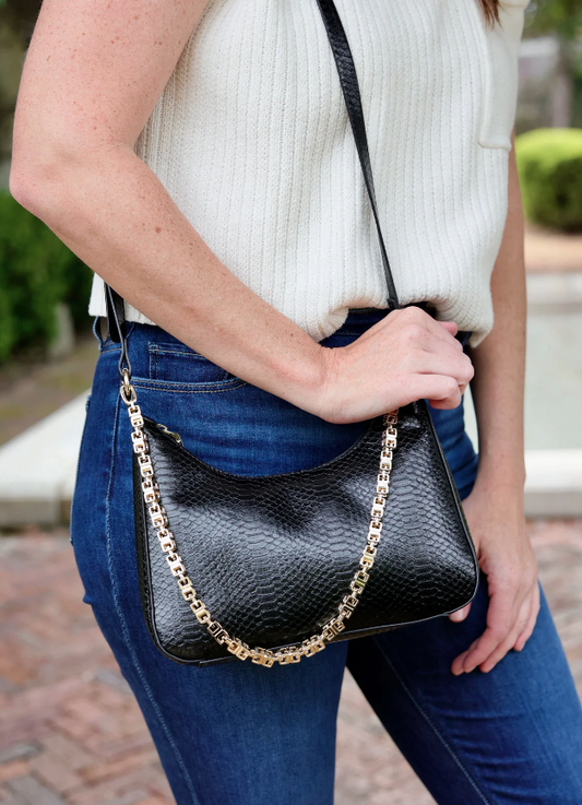  Billie Embossed Faux Leather Chain Bag, Black