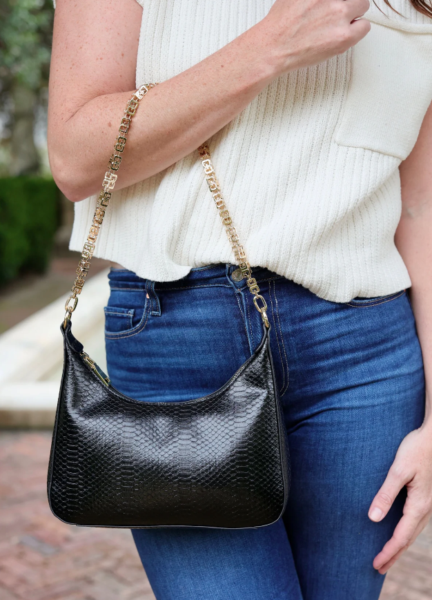  Billie Embossed Faux Leather Chain Bag, Black