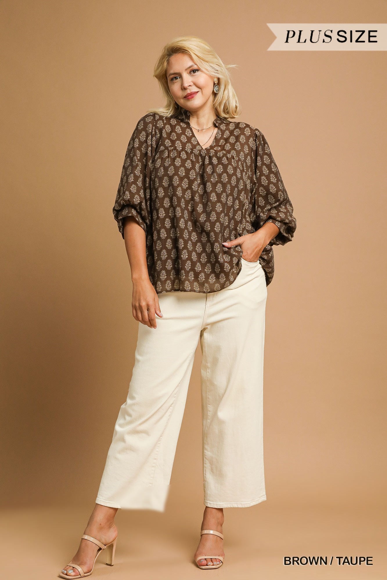  Amaya Floral Block Print Blouse, Brown/Taupe | Extended Sizes