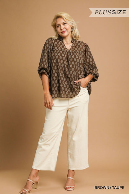  Amaya Floral Block Print Blouse, Brown/Taupe | Extended Sizes
