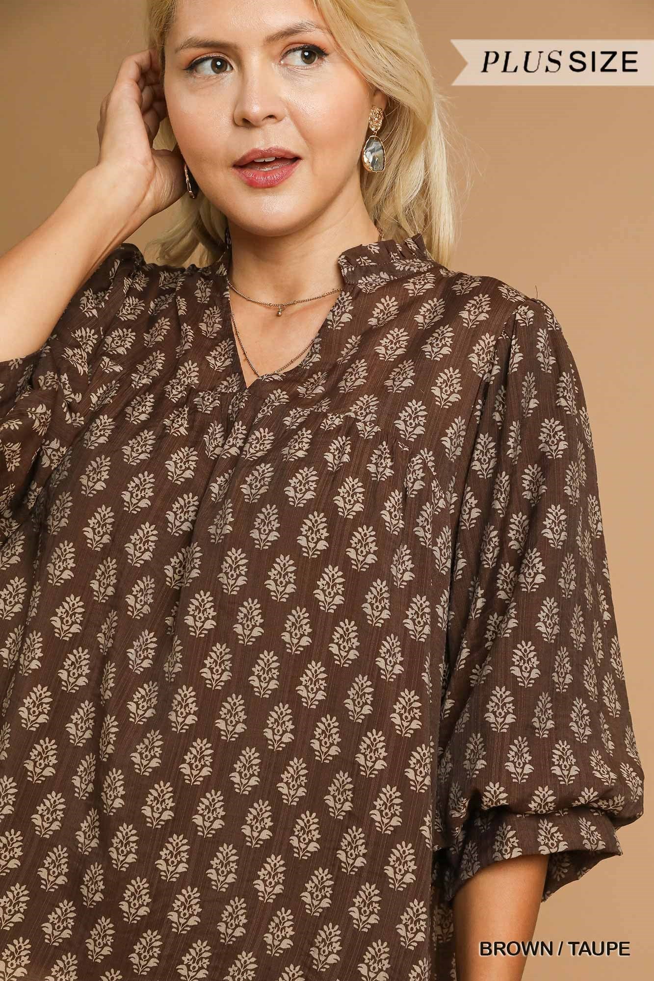  Amaya Floral Block Print Blouse, Brown/Taupe | Extended Sizes