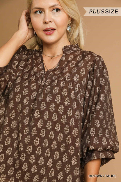  Amaya Floral Block Print Blouse, Brown/Taupe | Extended Sizes