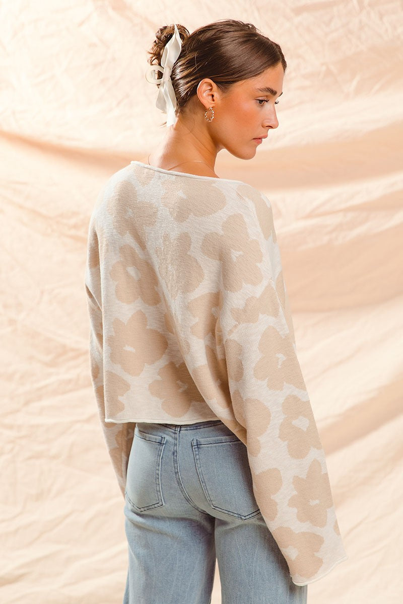  Shiloh Loose Fit Flower Sweater, Oatmeal/Ivory