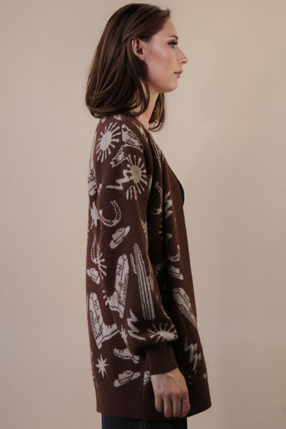  Alina Oversized Western Print Cardigan, Chocolate