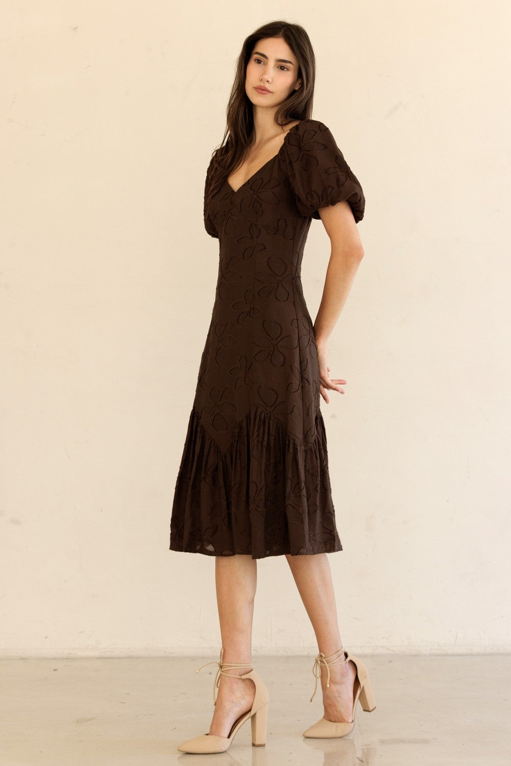  Ana Mesh Flower Midi Dress, Brown