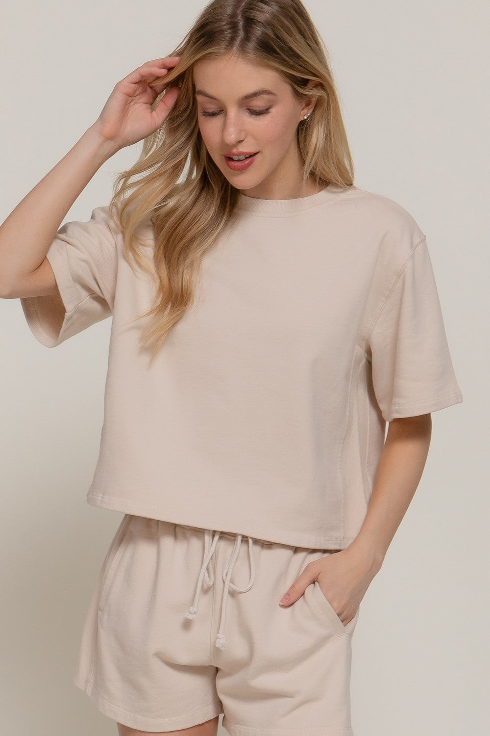  Alison Garment Washed Terry Shorts, Beige