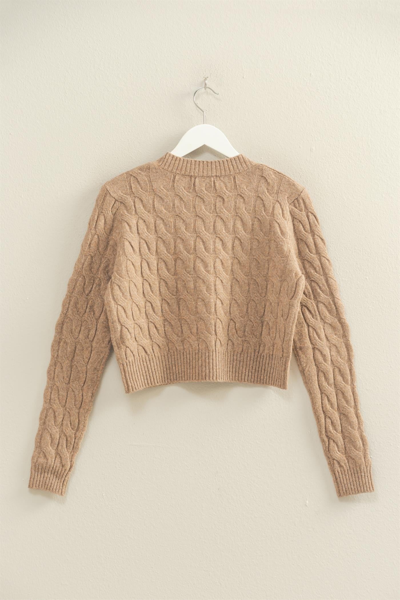 Ellie Gold Button Cable Knit Cardigan, Taupe