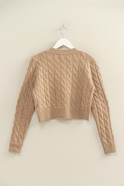  Ellie Gold Button Cable Knit Cardigan, Taupe