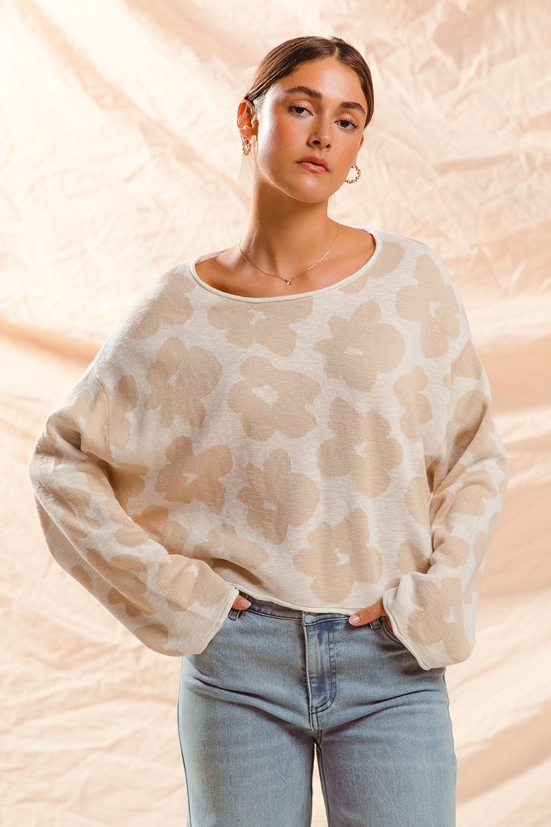  Shiloh Loose Fit Flower Sweater, Oatmeal/Ivory