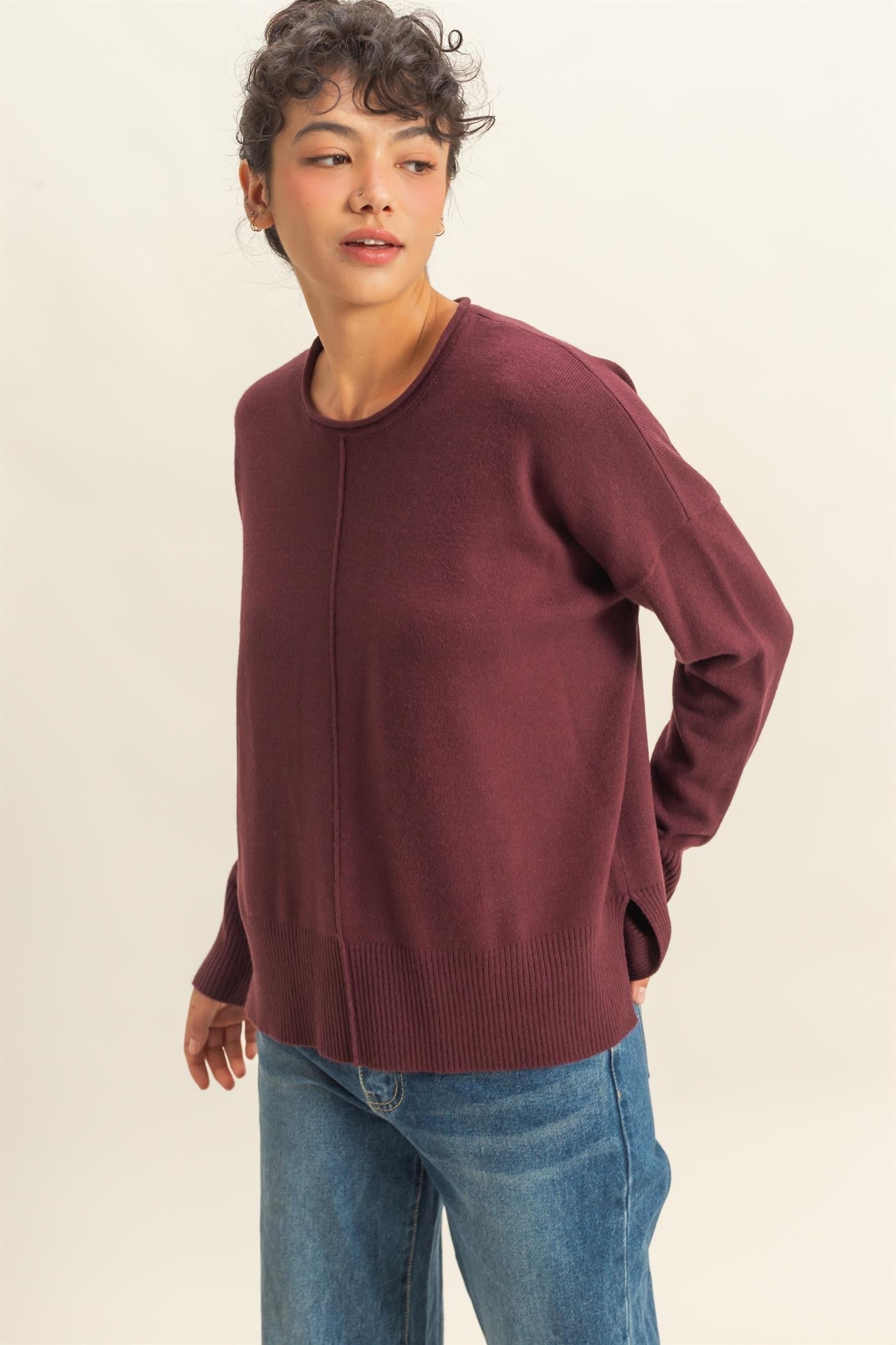  Kenzie Roll Neck Seam Front Sweater, Dark Cherry