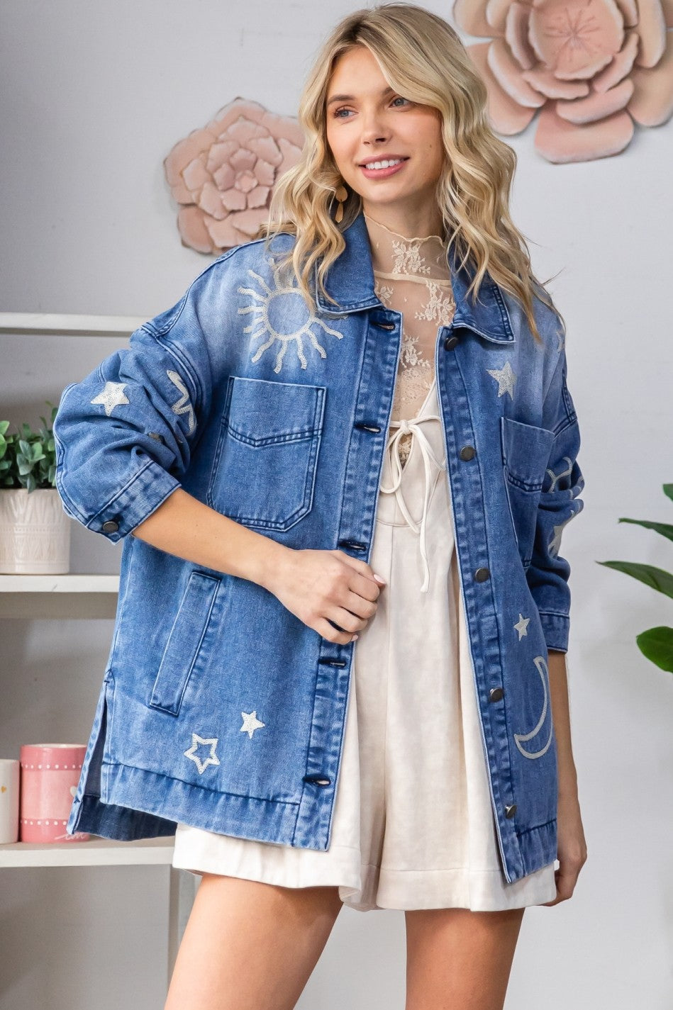  Ashley Embroidered Denim Jacket, Medium Wash