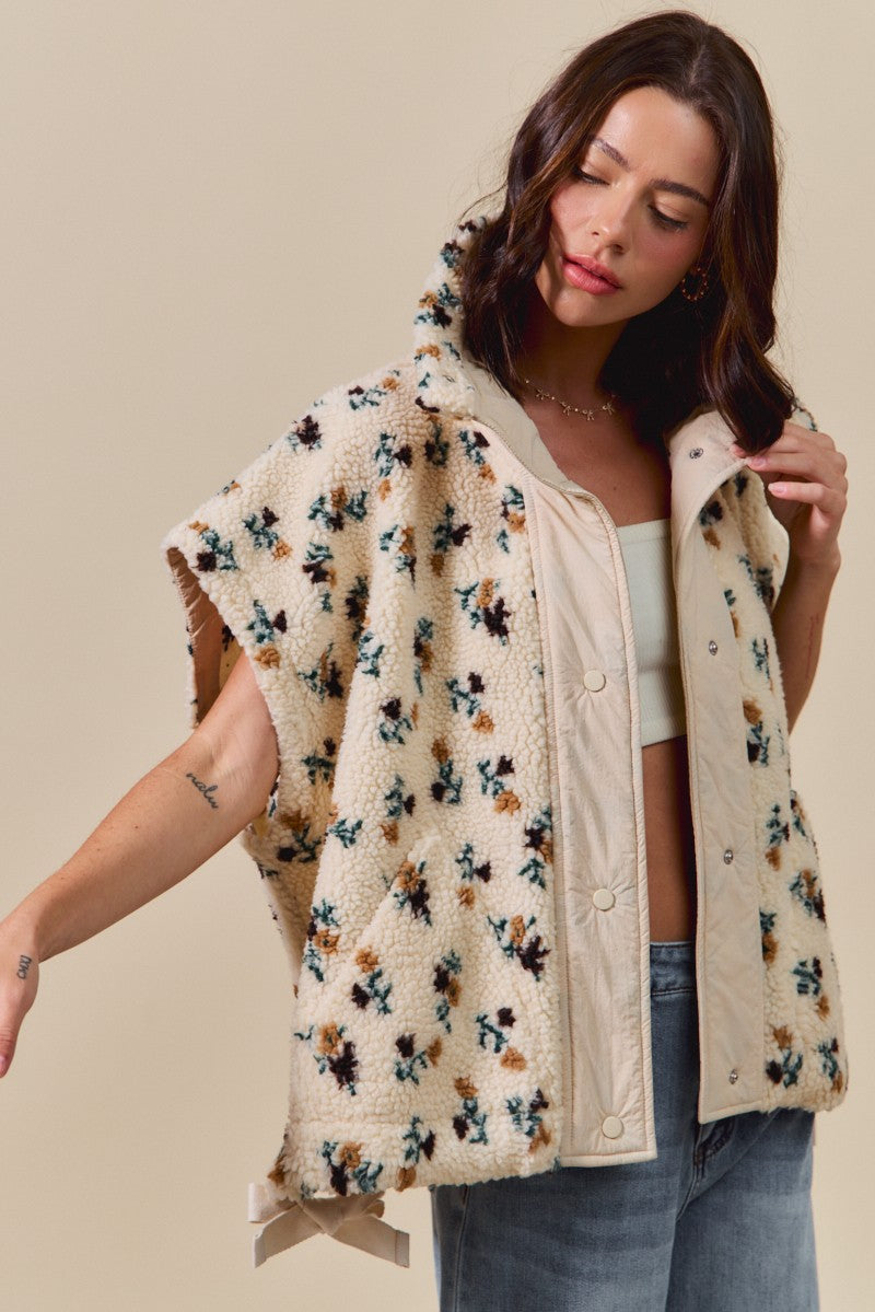  Naomi Floral Oversized Sherpa Vest, Ivory Multi