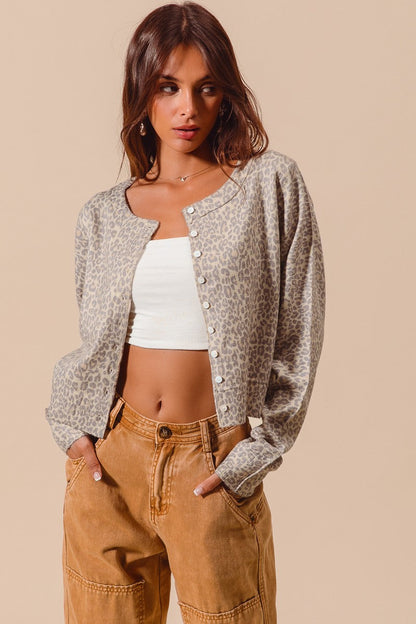  April Leopard Sweater Cardigan, Vintage Oatmeal