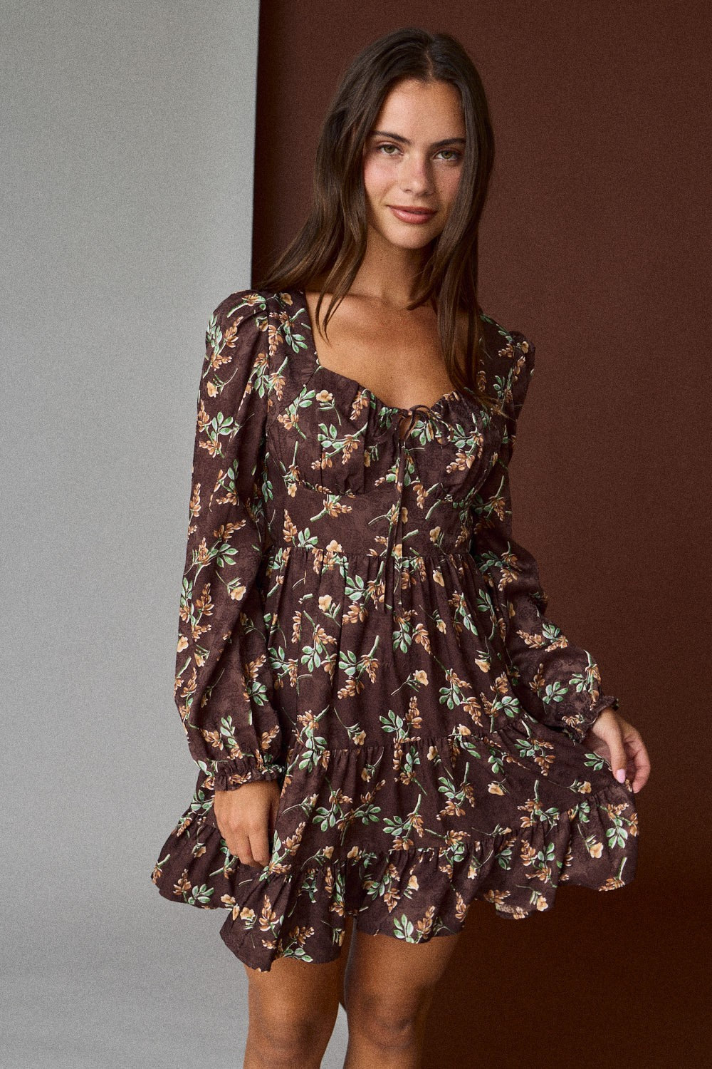  Tiff Floral Mini Dress, Brown