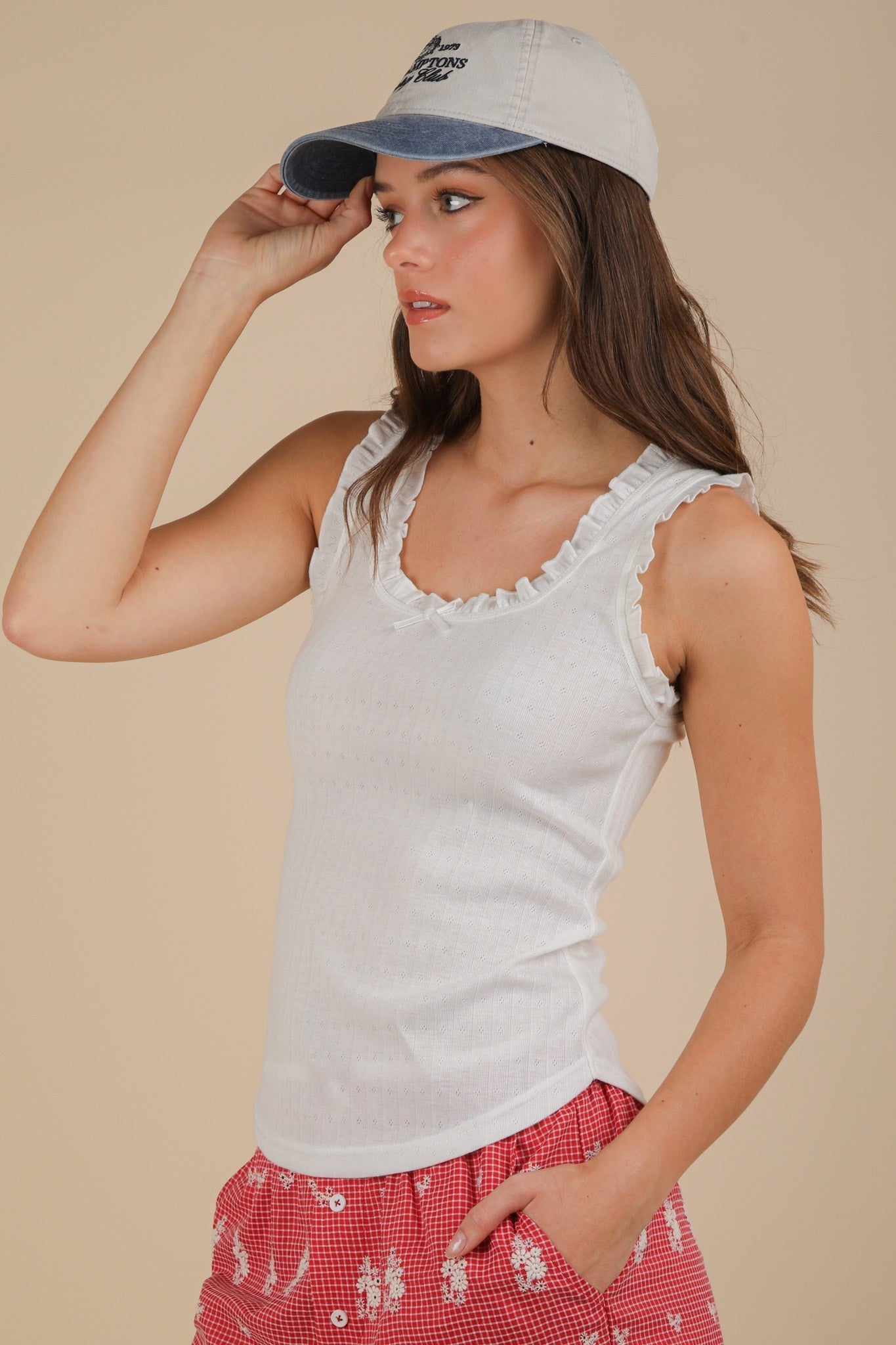 Jazmin Ruffle Trim Scoop Neck Tank, White