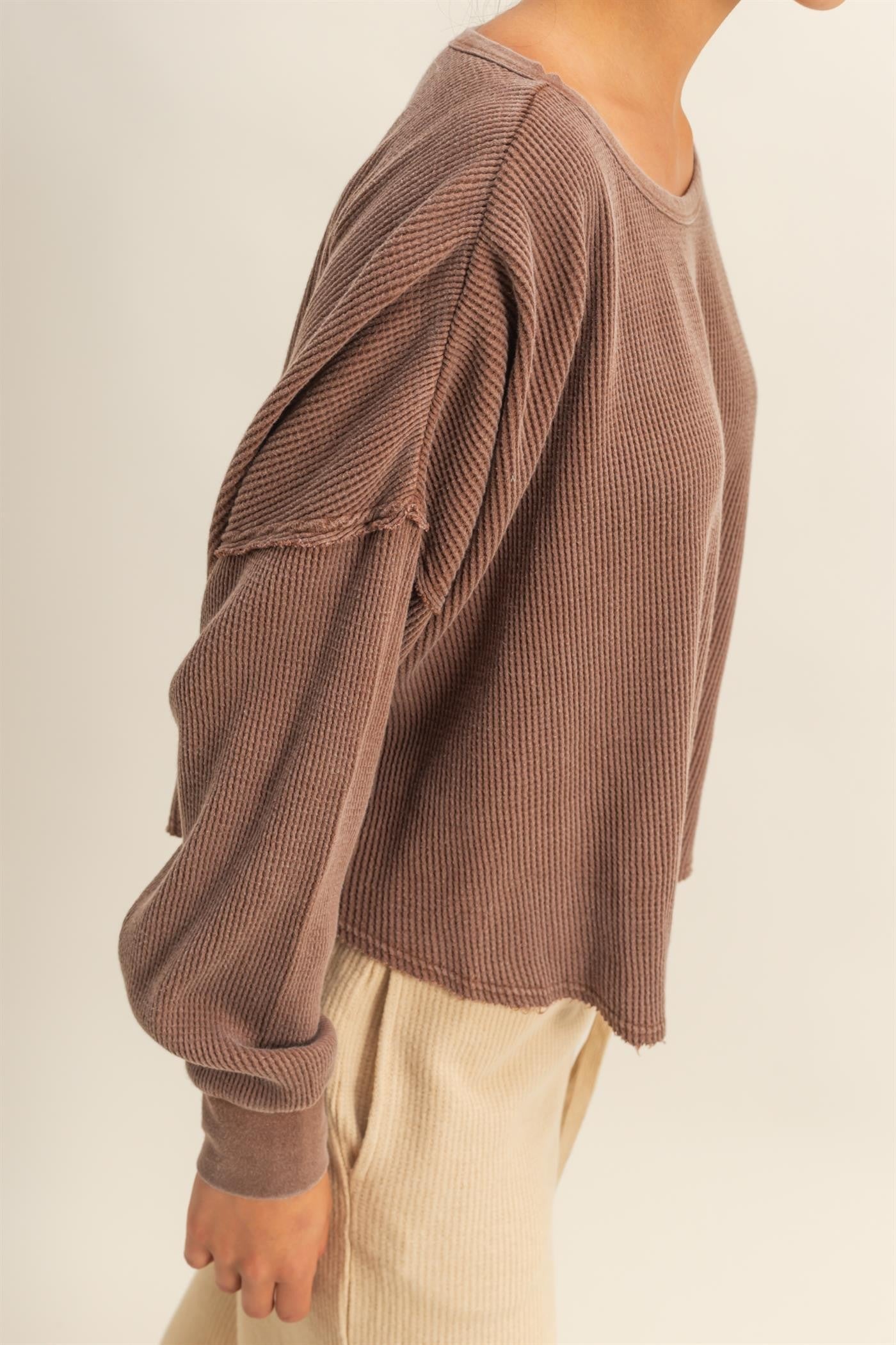  Marlowe Boat Neck Raw Edge Top, Chestnut