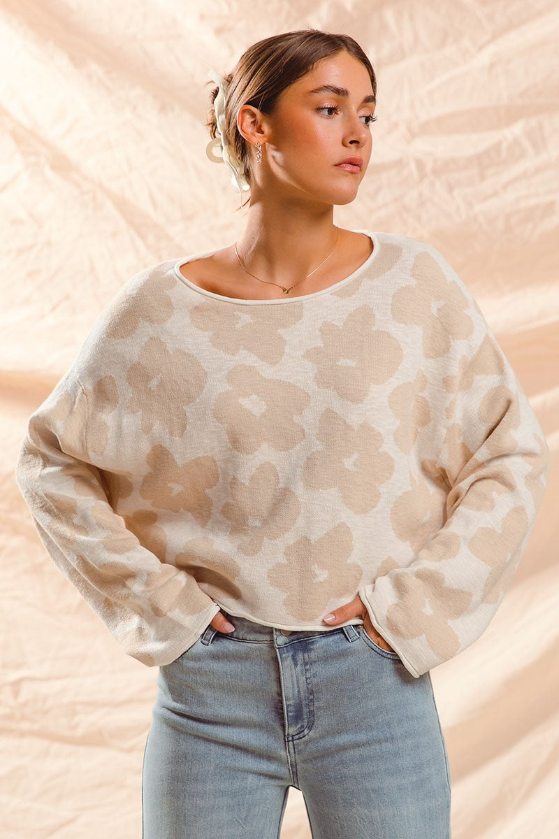  Shiloh Loose Fit Flower Sweater, Oatmeal/Ivory