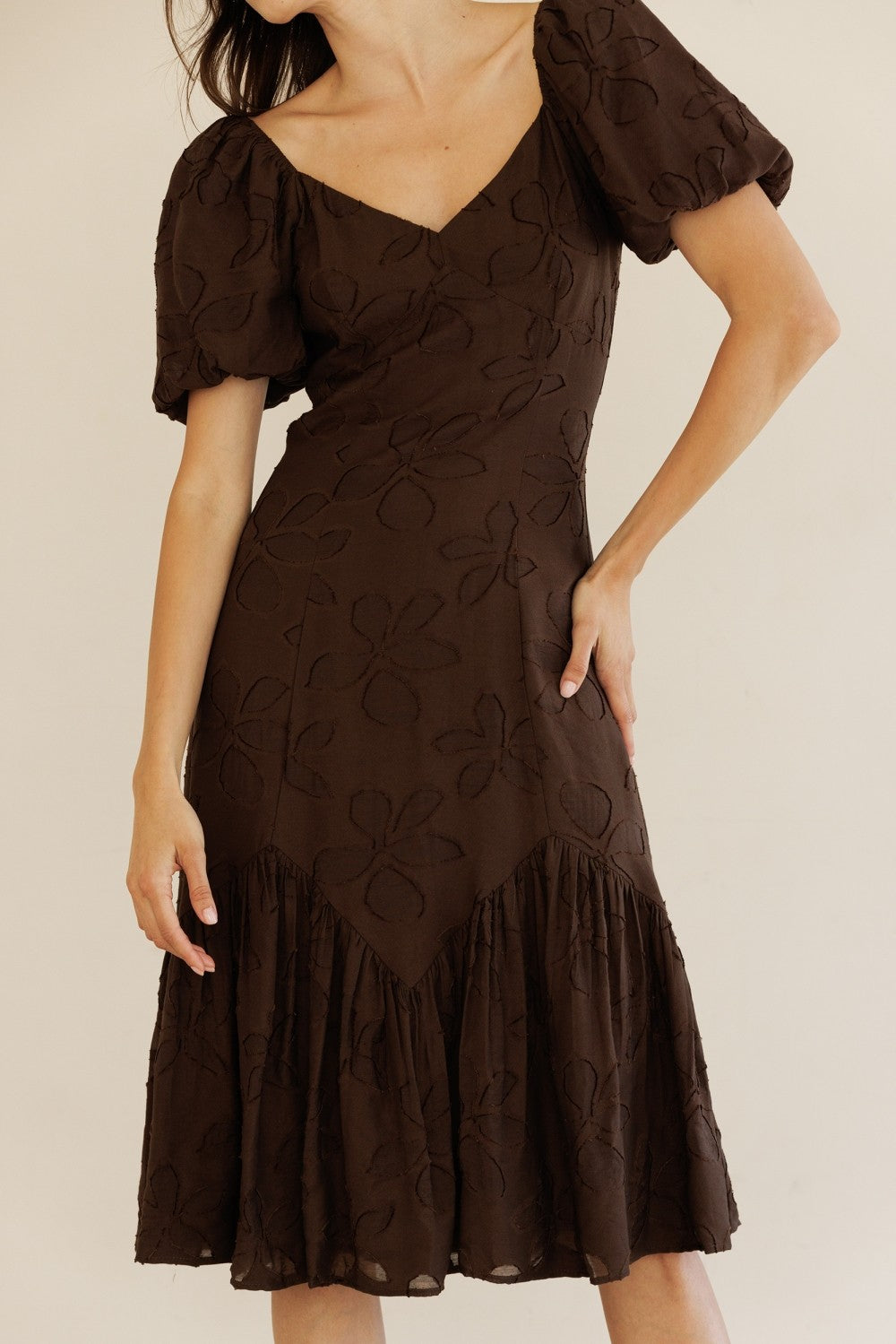  Ana Mesh Flower Midi Dress, Brown