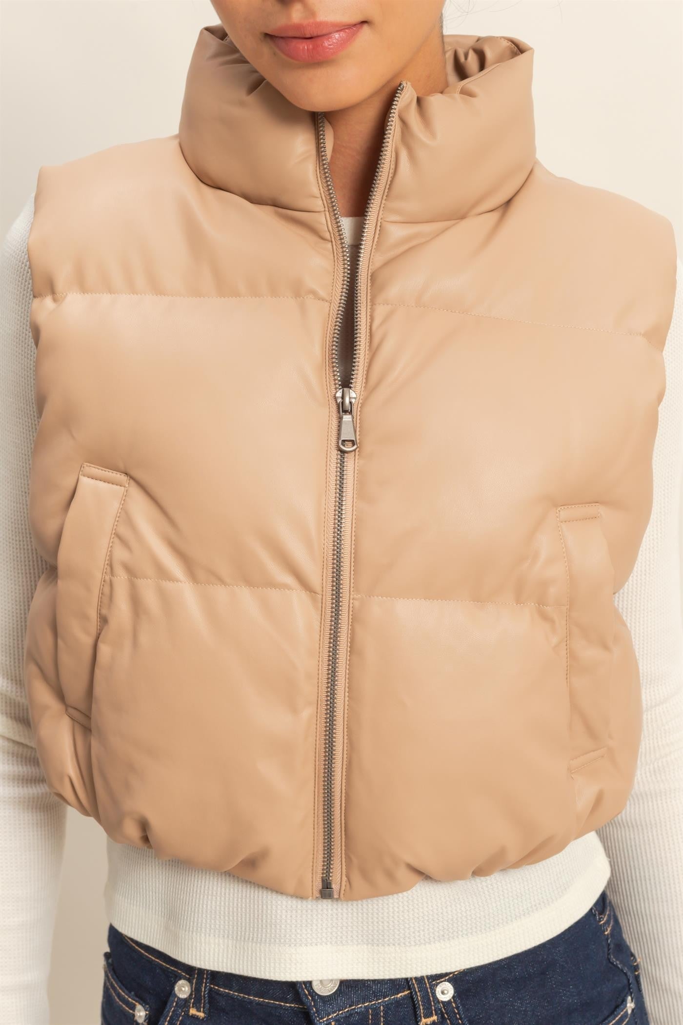  Sofia Cropped Puff Vest, Dark Taupe