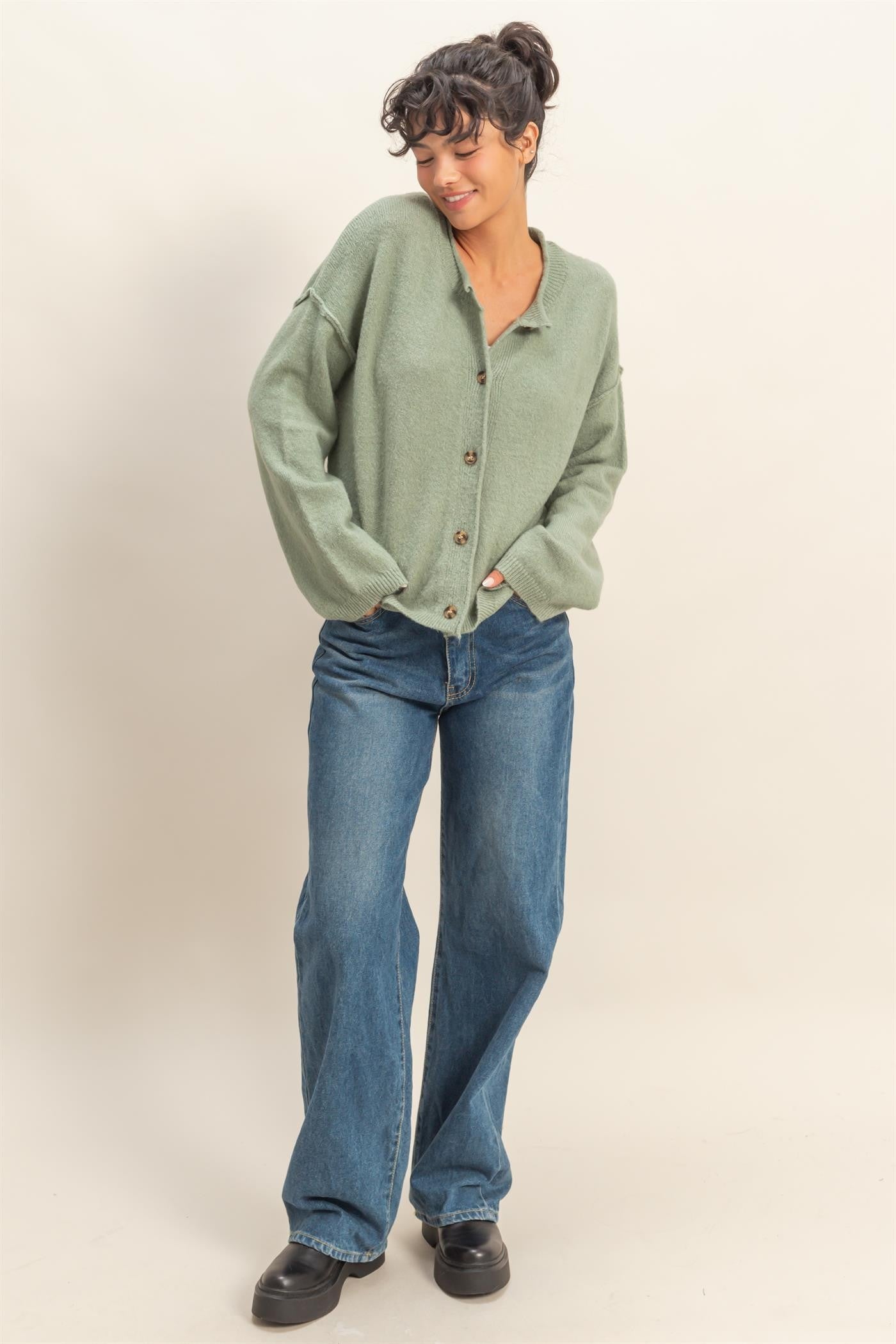  Melina Roll Neck Cardigan, Sage Green