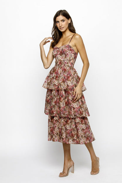  Scottie Tiered Ruffle Dress, Beige/Pink Floral