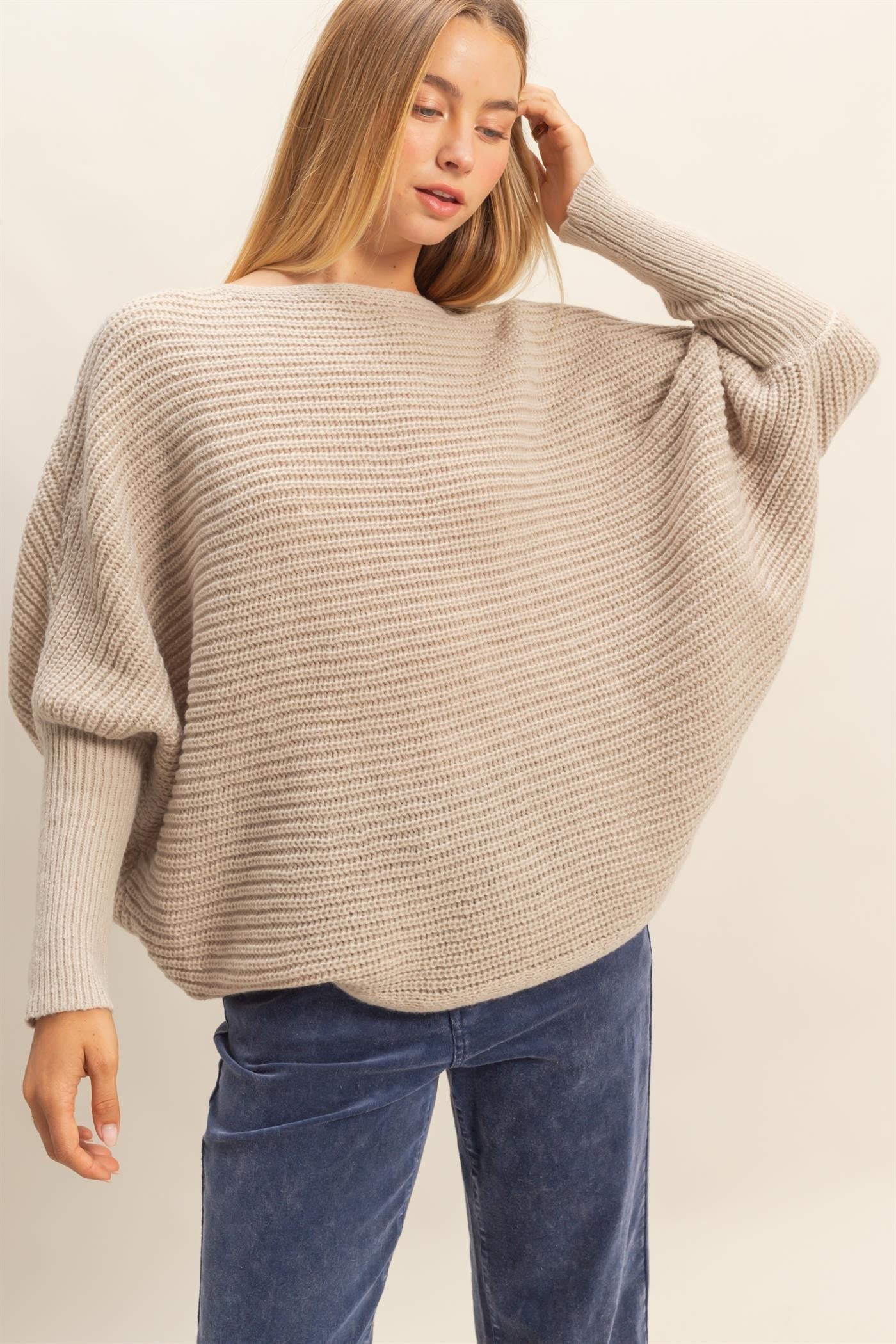 Lily Batwing Boat Neck Sweater, Light Taupe