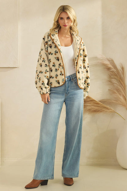  Flora Printed Sherpa Jacket, Brown
