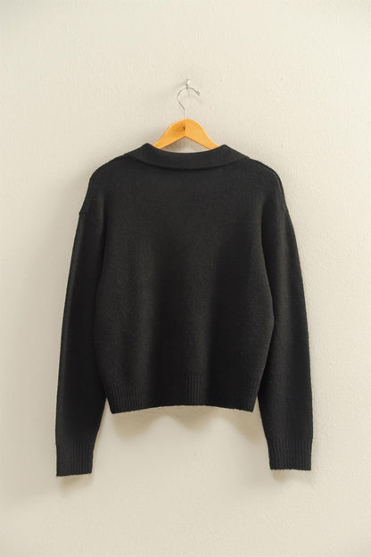  Luna Collared V-Neck Sweater, Black