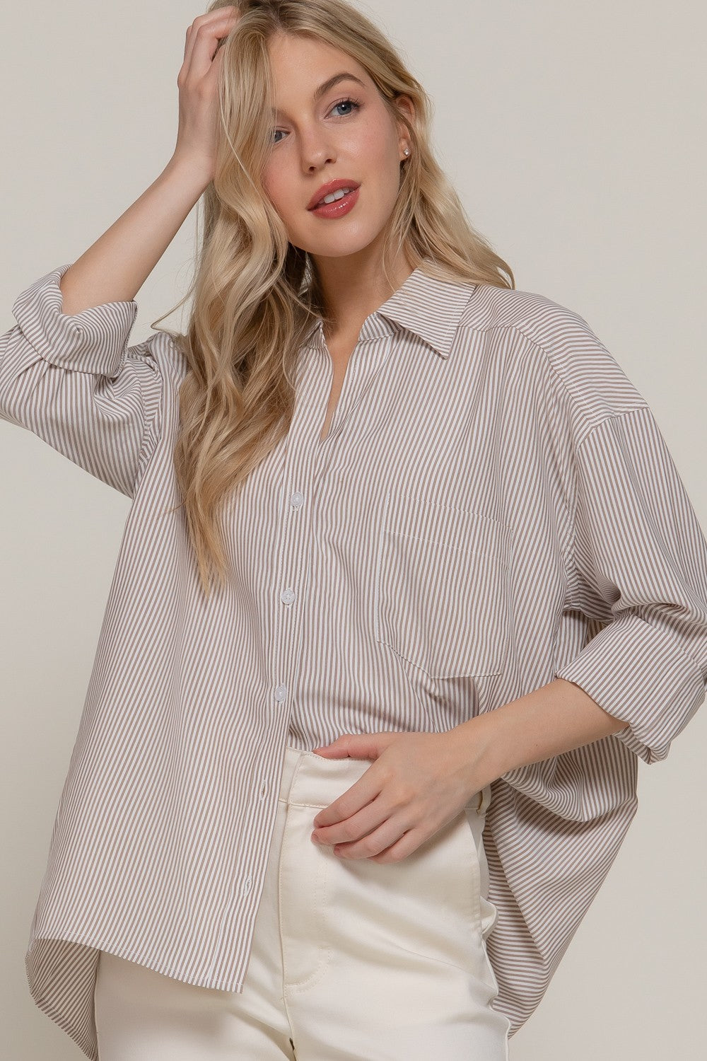  Sadie Oversized Striped Shirt, Khaki/Off White