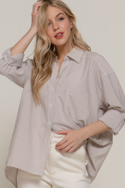  Sadie Oversized Striped Shirt, Khaki/Off White