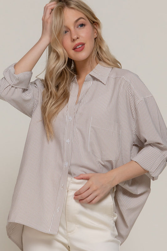  Sadie Oversized Striped Shirt, Khaki/Off White
