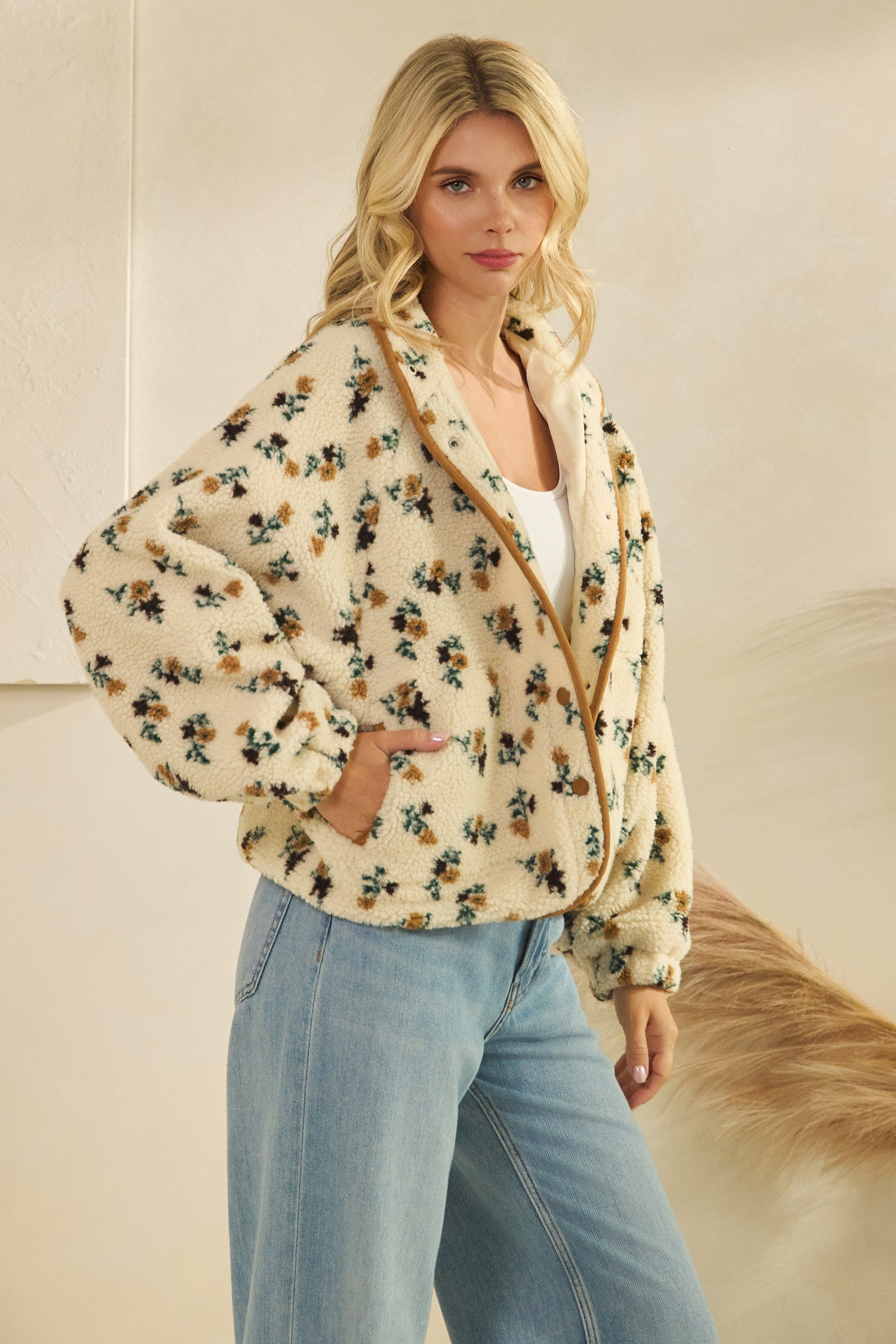  Flora Printed Sherpa Jacket, Brown