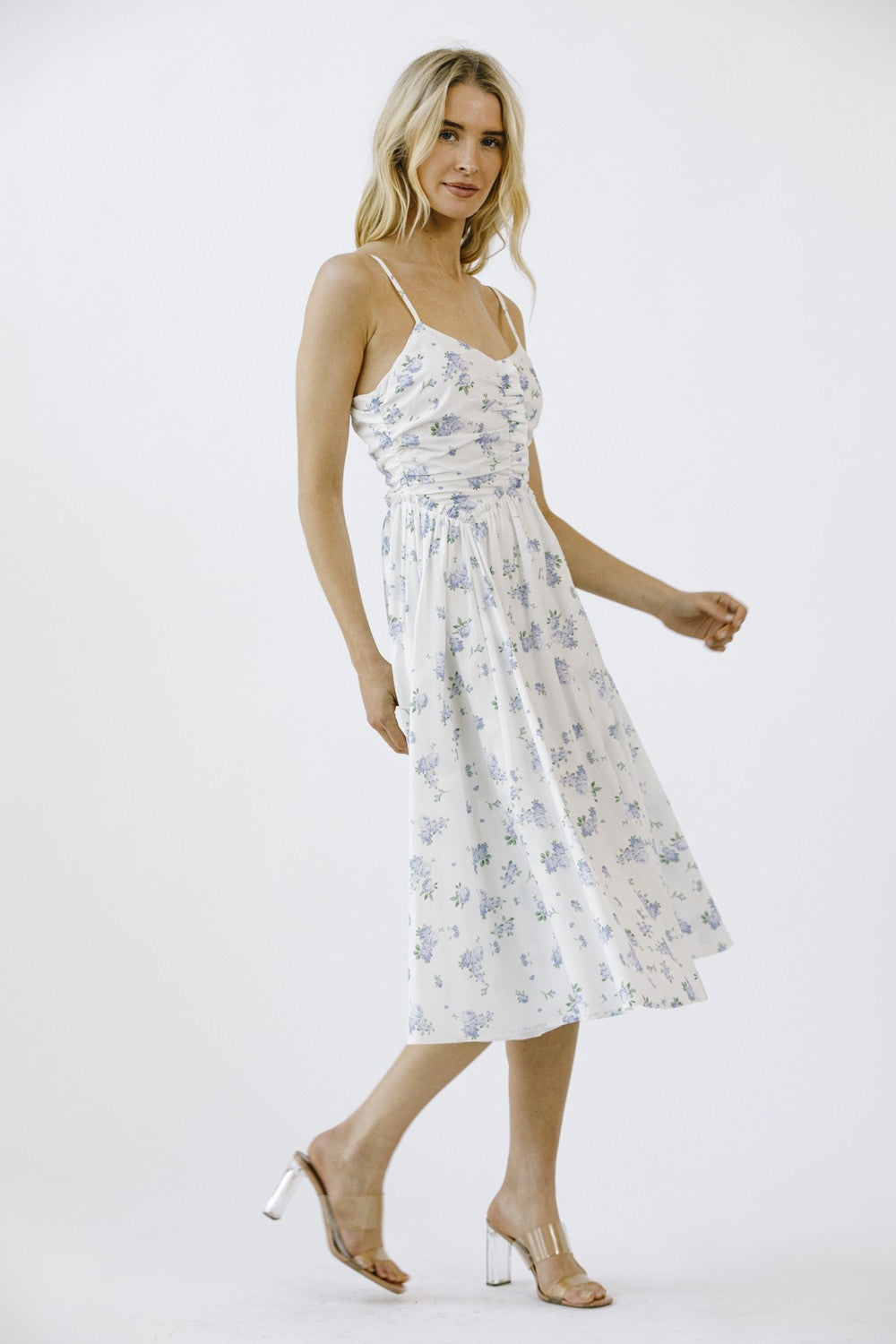  Miller Rose Print A-Line Dress, White/Blue Floral