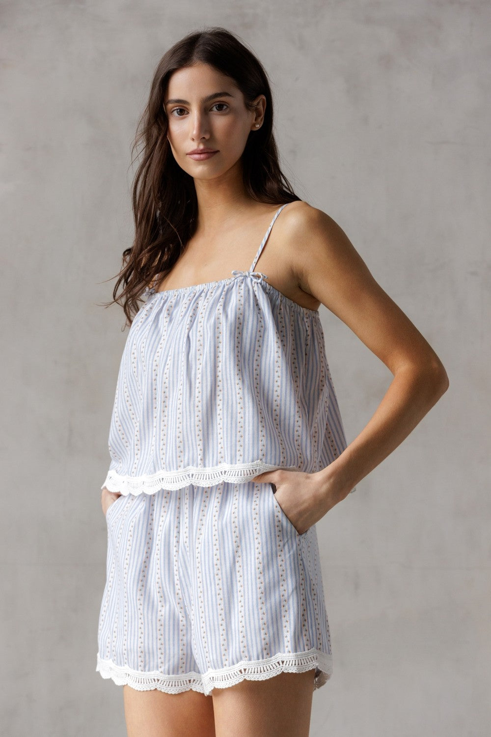  Sofia Floral Pinstripe Lace Hem Shorts, Blue/White/Orange