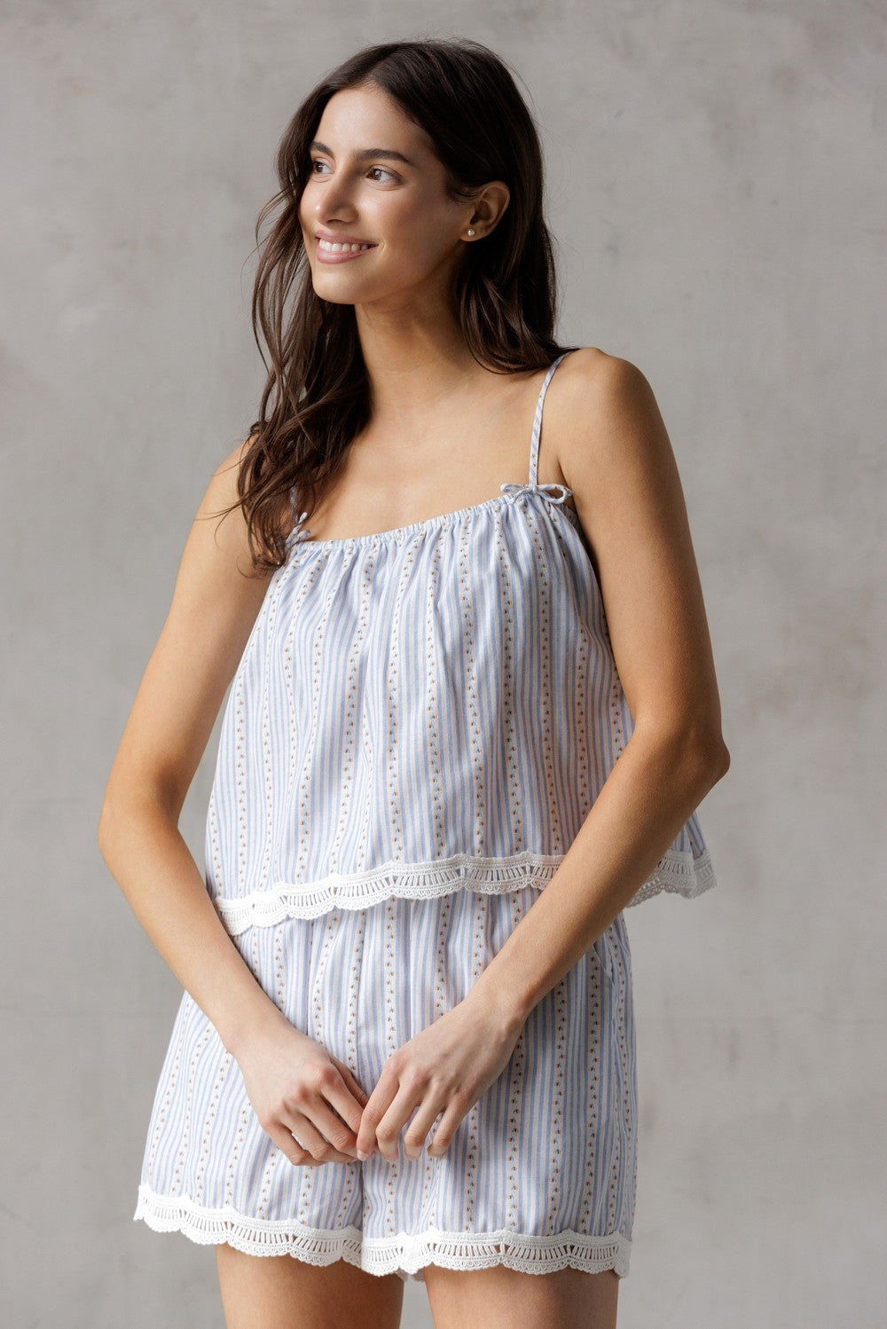 Sofia Floral Pinstripe Lace Hem Shorts, Blue/White/Orange