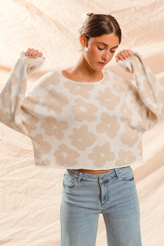  Shiloh Loose Fit Flower Sweater, Oatmeal/Ivory