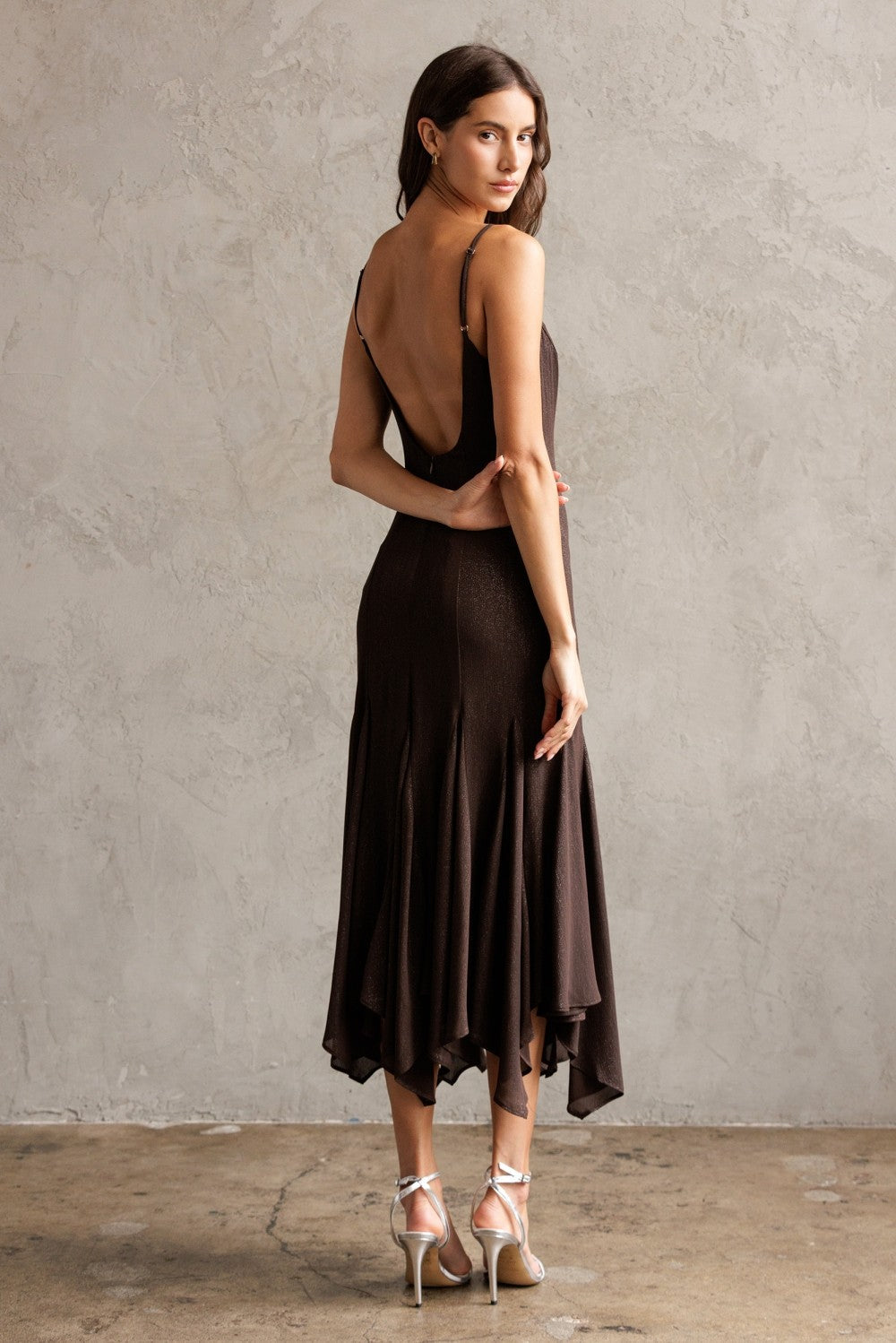  Phoebe Shimmering Asymmetric Hem Dress, Brown