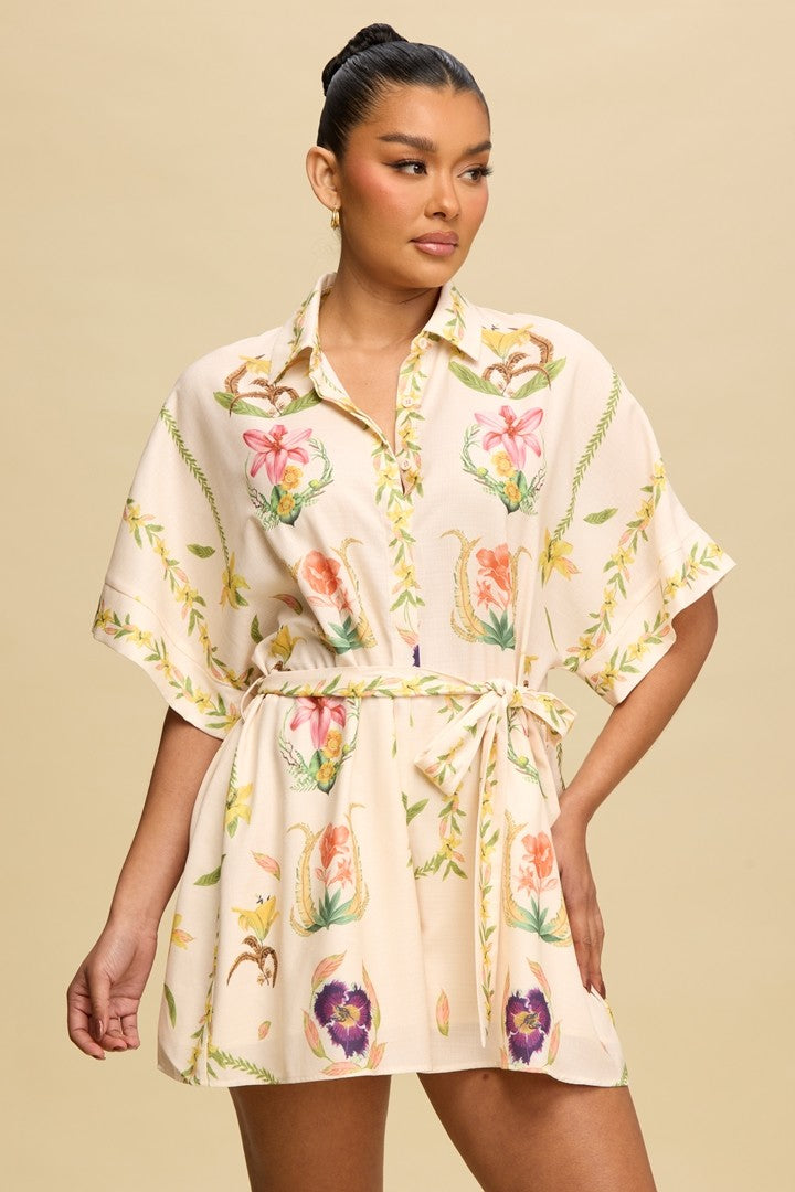  Kayley Floral Shirt Romper, Cream